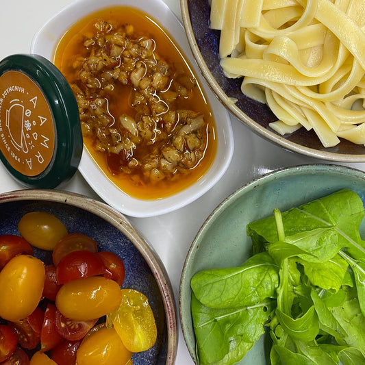 Aglio Olio Pasta salad with freshly harvested salad leaves from True Leaf Farms